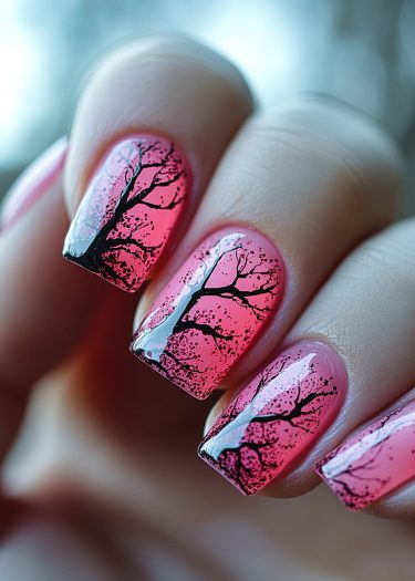 Ombre pink nail art with delicate tree silhouettes and glossy finish for elegant manicure.