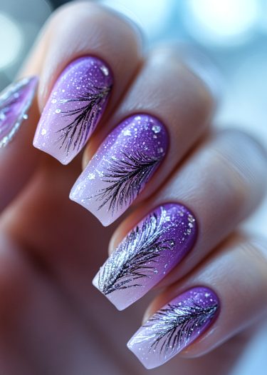 Elegant ombré purple and pink nails with feather designs and glitter accents.