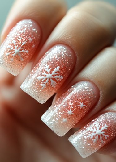 Winter-themed ombre sparkle nails featuring intricate snowflakes and glitter for a festive look.