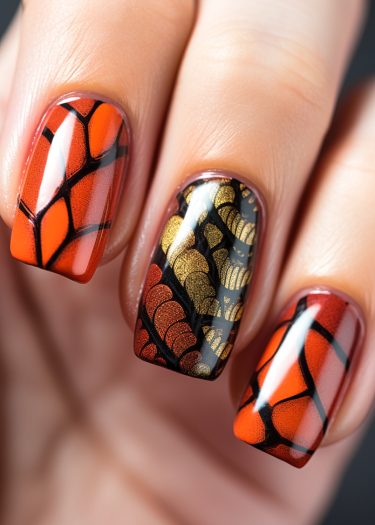 Intricate orange, black, and gold nail art showcasing vibrant, artistic designs and skilled craftsmanship.