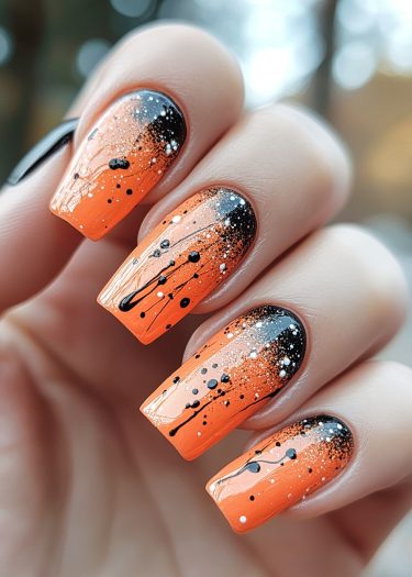 Vivid orange and black ombre nail art with abstract speckles and glossy finish.