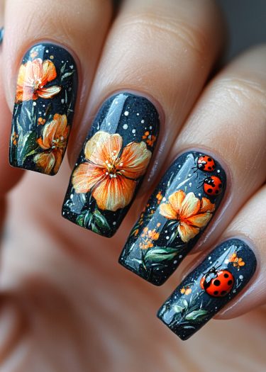 Vibrant orange flower nail art with ladybugs on a dark background for a stunning design.