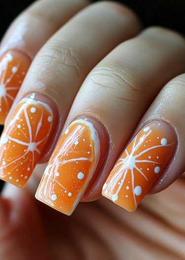 Vibrant orange slice nail art with intricate designs, perfect for a summer look.