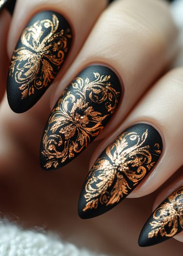 Elegant matte black stiletto nails adorned with shimmering gold floral designs for a luxurious look.