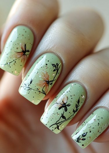 Elegant mint green floral nail art with sparkling details and meticulous design.