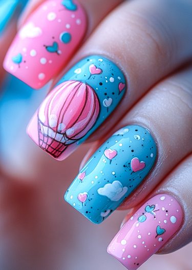 Whimsical pastel nails with hot air balloon designs, hearts, and playful patterns for a dreamy look.