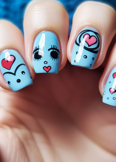 Colorful cartoon nail art featuring heart and face designs on pastel blue nails.