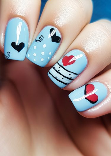 Creative pastel blue nail art with hearts and playful designs for trendy manicured nails.