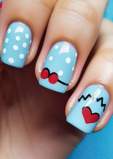 Vibrant pastel blue nail designs featuring polka dots, hearts, and artistic patterns.