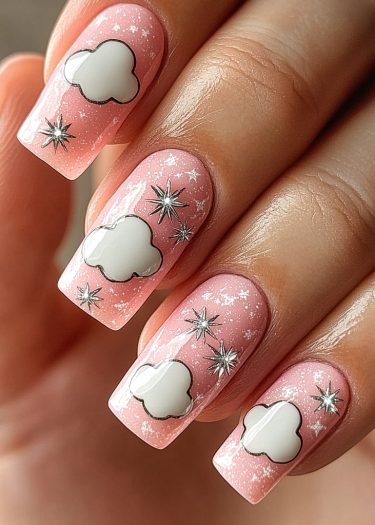 Dreamy pastel cloud and star nail art design with glossy finish and silver embellishments.