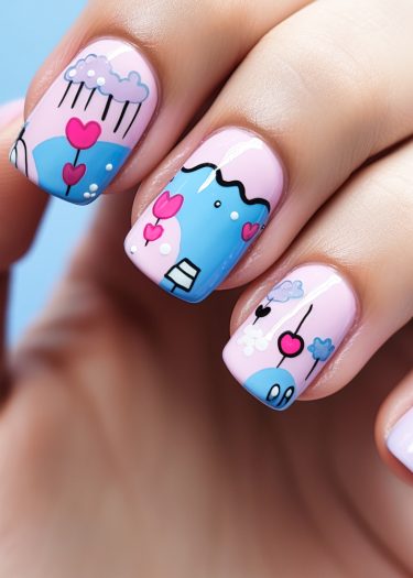 Creative pastel cloud nail art featuring whimsical designs and vibrant colors.