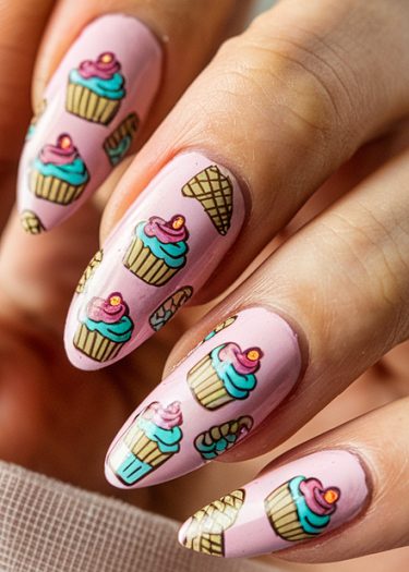 Whimsical pastel cupcake and ice cream nail art with vibrant designs and glossy finish.