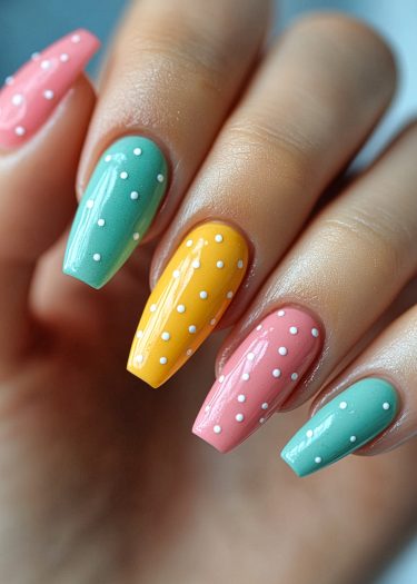 Beautiful pastel polka dot nail art in vibrant colors on elegant almond-shaped nails.