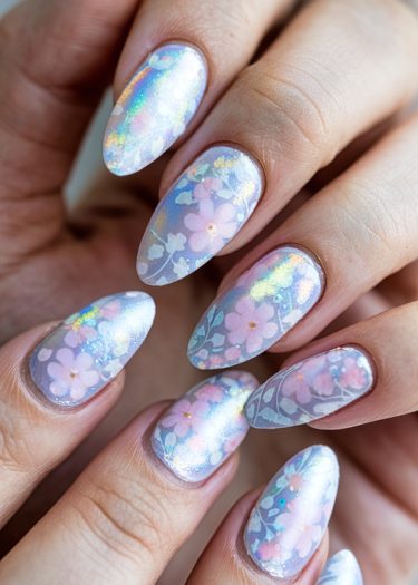 Elegant almond nails with pastel floral designs and holographic shimmer for stunning nail art.