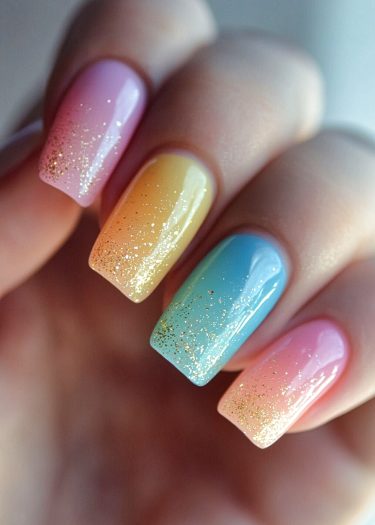 Stunning pastel gradient nail art with vibrant colors and glittery accents for a trendy look.