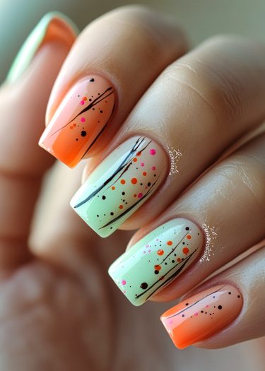 Artistic pastel gradient nail art with black lines and colorful dots for a modern look.