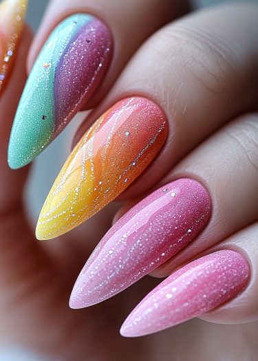 Vibrant pastel gradient stiletto nails with glitter, showcasing artistic nail art and modern fashion trends.