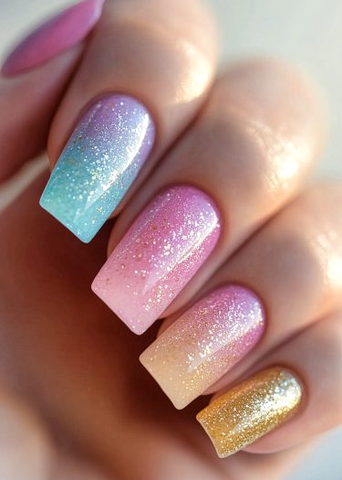 Stunning pastel gradient nails with glitter, showcasing elegant manicured designs and vibrant colors.