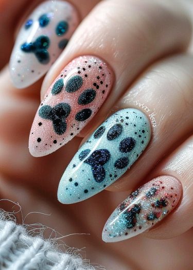 Pastel gradient nails featuring glitter and playful paw prints for a chic, whimsical look.