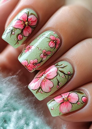 Pastel green cherry blossom nails feature intricate floral designs and a glossy finish.