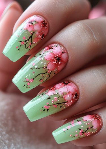 Pastel green floral nail art featuring cherry blossoms and glittery details for a stylish look.