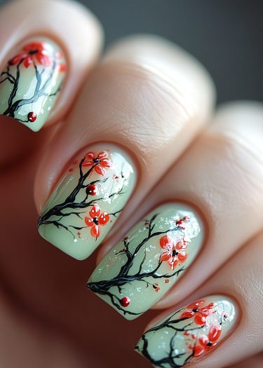 Elegant pastel green floral nail art with intricate red-orange blossoms and black detailing.