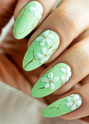 Elegant pastel green almond nails with white floral designs and gold accents.