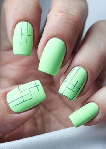 Elegant pastel green manicure with geometric black line designs on perfectly shaped nails.