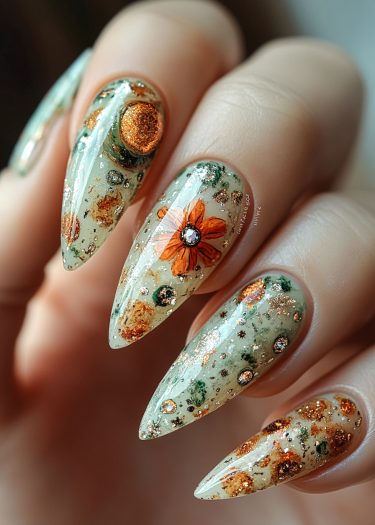 Stunning pastel green stiletto nails with intricate floral and glitter designs for elegant nail art.