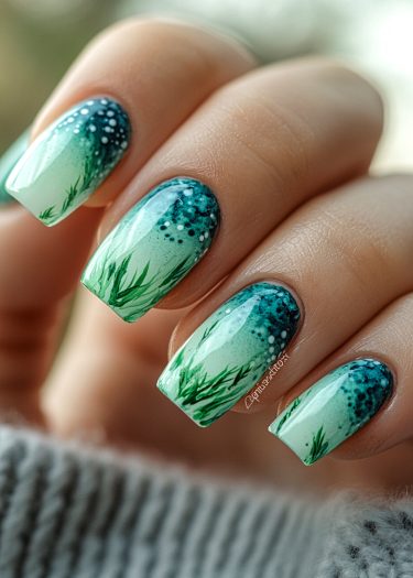 Pastel green and teal nail art featuring intricate nature-inspired designs and glossy finish.