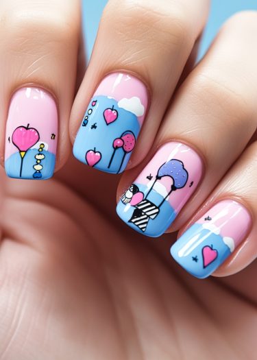 Colorful pastel heart nail art featuring whimsical designs, perfect for a playful style.