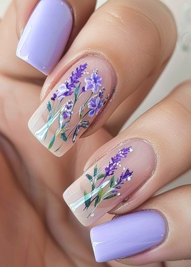 Beautiful pastel lavender nail art with floral designs, perfect for spring and elegant occasions.