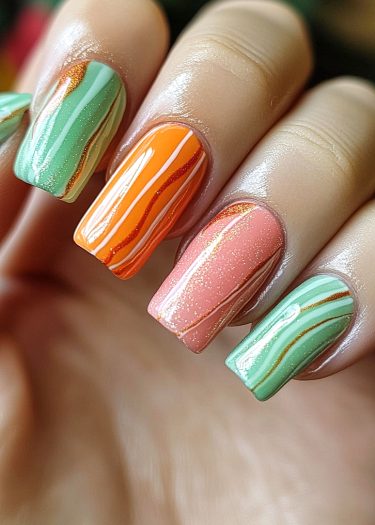 Vibrant pastel marble nail art featuring creative designs for a chic manicure look.