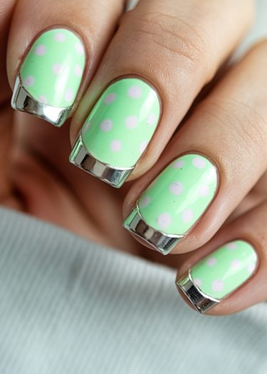 Pastel mint nail art with polka dots and metallic silver tips for a trendy spring look.