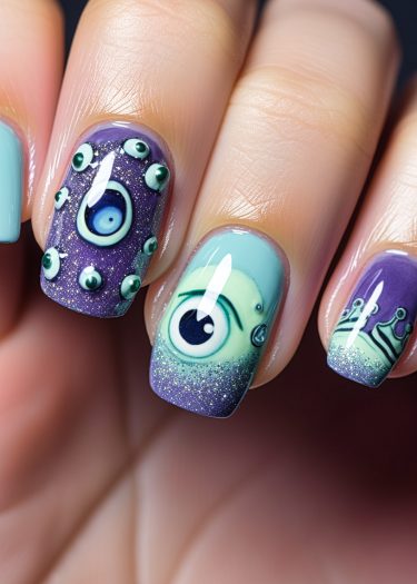 Vibrant turquoise and purple nails featuring whimsical monster eye nail art design.