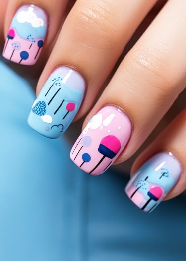 Whimsical pastel nail art featuring abstract designs and geometric motifs in vibrant colors.