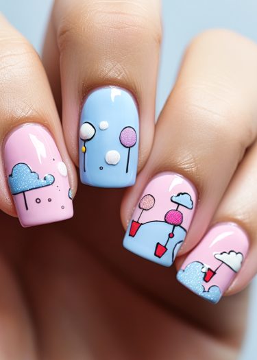 Colorful pastel nail art designs featuring whimsical clouds and playful patterns on medium-length nails.