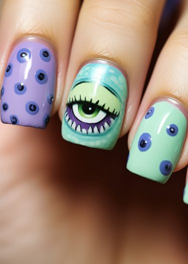 Vibrant pastel nail art featuring unique patterns and an eye illustration for creative self-expression.