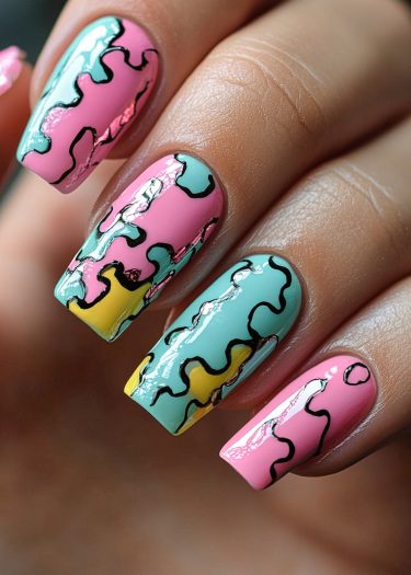 Colorful pastel nail art design featuring abstract patterns and glossy finishes.