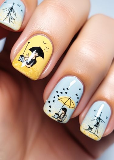 Beautiful pastel nail art featuring whimsical designs of women, umbrellas, and birds.