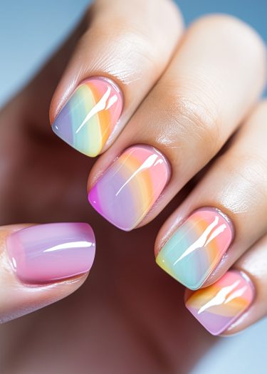 Stunning pastel ombre nails showcasing a beautiful gradient of rainbow colors in a polished design.