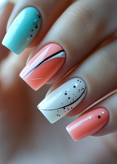 Pastel nail art featuring mint green, coral, and white designs with playful patterns.