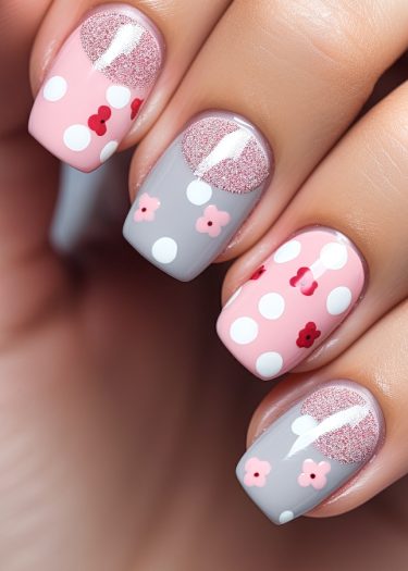 Pastel pink and grey nails featuring floral designs and glitter accents for a playful manicure.