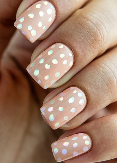 Pastel peach nails with iridescent dots for a stylish and modern manicure design.