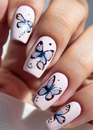 Elegant pastel pink butterfly nail art design with vibrant details and glossy finish.