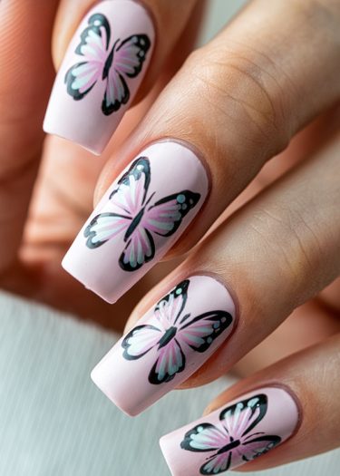 Pastel pink nails with intricate butterfly designs, showcasing elegant and artistic nail art.