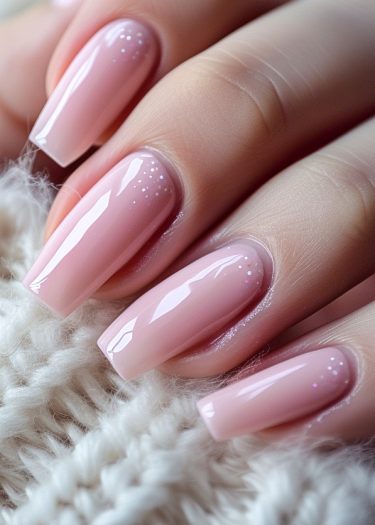 Elegant pastel pink coffin nails with dots, showcasing sophisticated nail art and care.