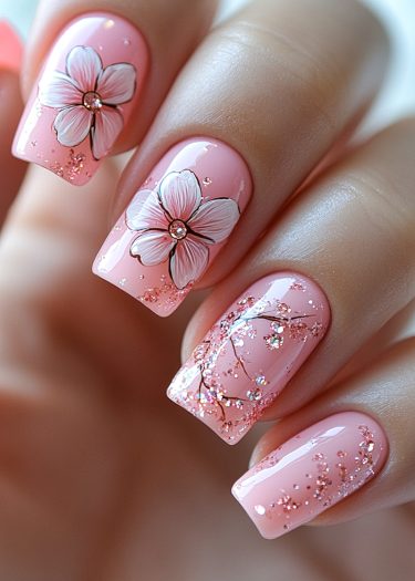 Elegant pastel pink floral nail art with detailed designs and sparkling accents.