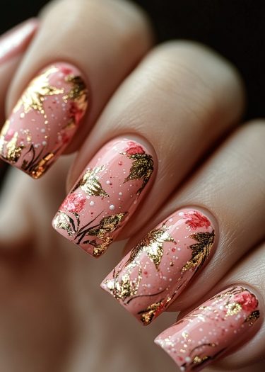 Elegant pastel pink floral nail design with gold accents for a sophisticated manicure.