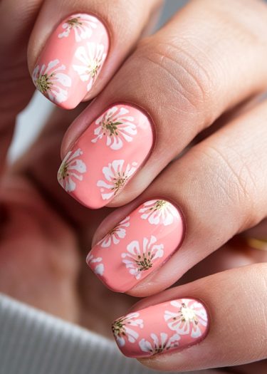 Elegant pastel pink floral nails with intricate white flowers and golden details for a chic manicure.